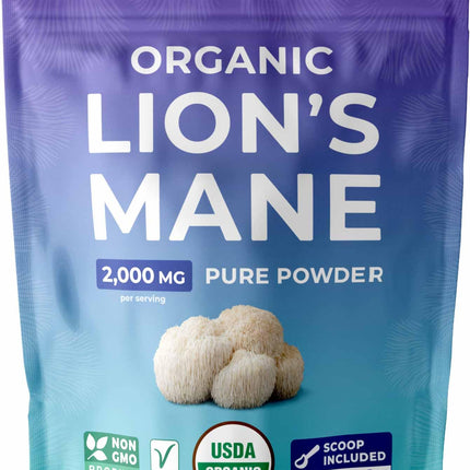 USDA Organic Lion's Mane Powder - Lion Mane Mushroom Supplement for Coffee Smoothies & More - Nootropic Brain Supplement for Memory and Focus Support - Vegan Non-GMO & No Fillers (114 Servings)