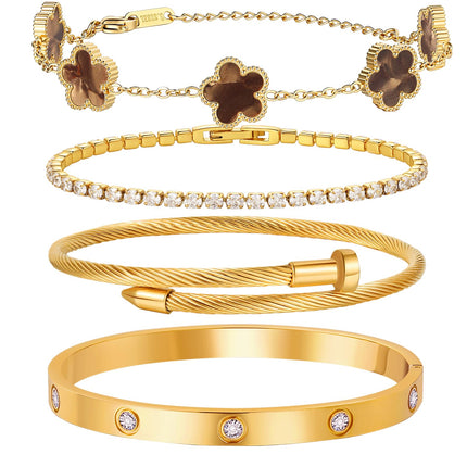 MVCOLEDY 18 K Gold Plated Love Bracelet Stack for Women 4-Piece Bracelet with Synthetic Shell Floral Clover Chain, Tennis Chain and Crystal Gold Bangle, Love Bracelet Design Gift Jewelry for Valentines Mother's Day (Brown)