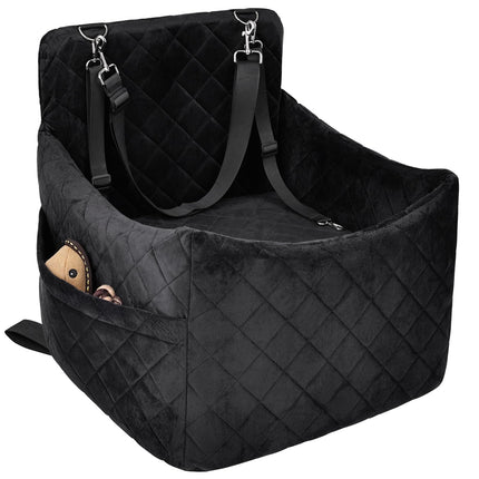 SANUODO Dog Car Seat for S/M Dogs, Memory Foam Dog Booster Car Seat Up to 35lbs, Detachable Washable Pet Travel Bed with Side Pockets and 2 Safety Belts, Easy to Install (Black)