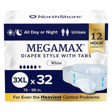 NorthShore MegaMax 12-Hour HBL Adult Diapers for Heavy Bladder Leaks, 3X-Large, 32 Count, White, 76-96 inches, Tab-Style Incontinence Underwear for Men, Women & Teens