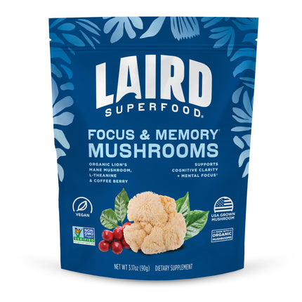 Laird Superfood Organic Focus and Memory Mushroom Blend with Lion’s Mane, L-Theanine, and Coffee Berry, 3.17 oz. Bag, Pack of 1