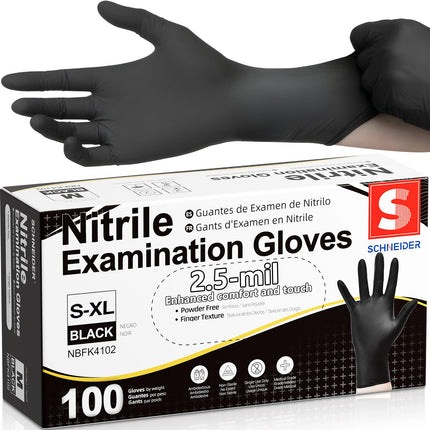 Schneider Black Nitrile Exam Gloves, Box of 100, Latex Free & Powder Free Disposable Gloves, for Medical, Food Prep & Cleaning, Large