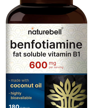 NatureBell Benfotiamine 600mg per Serving,180 Coconut Oil Softgels | Fat-Soluble Vitamin B1 for Men & Women, Converted to Active Thiamine | Non-GMO, cGMP Manufactured