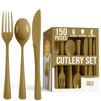 Party Solids Gold Plastic Silverware Heavy Duty 150 Pieces Gold Disposable Silverware Heavy Duty, Utensil Sets, 50 Of Each Forks, Knives & Spoons Disposable Cutlery Set For Party Supplies