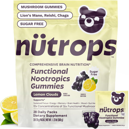 Nutrops Sugar-Free Lions Mane Mushroom Gummies for Adults, Functional Nootropics, Herbal Brain Supplement for Energy, Brain Health, Cognitive, Memory & Focus, Reishi, Chaga, Cordyceps - 28 Day Supply