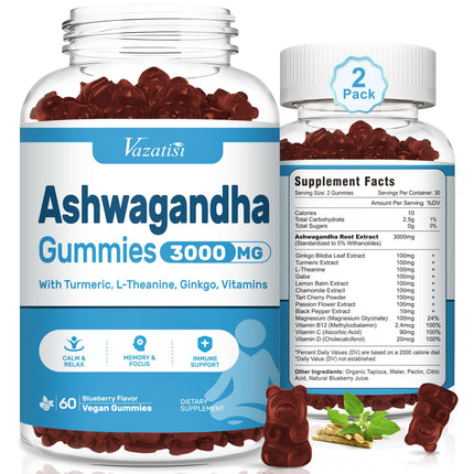 Vazatisi Ashwagandha Gummies for Women & Men, Ashwagandha Supplements for Calm Mood & Increased Energy, Non-GMO, Gluten-Free, Vegan 120ct