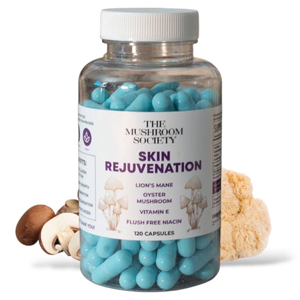 The Mushroom Society Skin Rejuvenation Supplement - Inner Skin Glow & Cellular Repair Formula – Lion’s Mane, Oyster, Vitamin E, Niacin + Beta-Glucans – Antioxidant + Beauty Blend - 120 Vegan Capsules