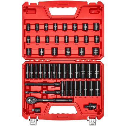 VEVOR 3/8" Drive Impact Socket Set, 50-Piece Standard SAE (5/16 to 3/4 inch) & Metric (8-22 mm) Size, Deep & Shallow, 6 Point, CR-V, Ratchet Handle, Extension Bars, Universal Joint, Reducer, Adapter