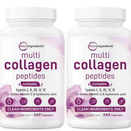 Micro Ingredients 2 Pack Multi Collagen Pills for Women & Men, 480 Capsules | Type I, II, III, V, X | Hydrolyzed Protein Peptides with Biotin, Hyaluronic Acid, & Vitamin C | Keto & Paleo Friendly