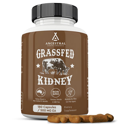 Ancestral Supplements Grass Fed Beef Kidney Supplement, 3000mg, DAO Enzyme Supplement, Kidney Support for Urinary and Histamine Health, Selenium, B12, Non GMO, 180 Capsules