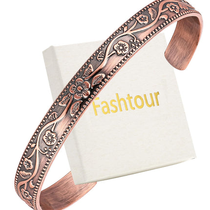 Fashtour Pure Copper Bracelet for Men & Women, Vintage Floral Cuff