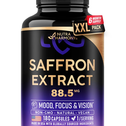 Natural Saffron Supplements - Pure Saffron Extract 88.5 mg - Made in USA - Mood | Focus | Vision | Energy Support - Eye Health for Women & Men - NonGMO Vegan Pills - 180 Powder Capsules