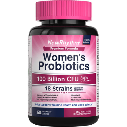 NewRhythm Probiotics for Women, P-5-P, Vitamin C & Organic Cranberry, 100 Billion CFU 18 Strains, Prebiotics & Vaginal Probiotics for Digestive Health & PH Balance, 60 Capsules, No Dairy