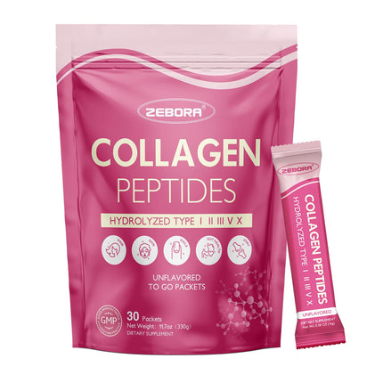 ZEBORA Multi Collagen Peptides Powder Packets with Hyaluronic Acid, Biotin, MCT - Hydrolyzed Collagen with 5 Billion Probiotics - Support Skin Hair Nail & Gut Health - 30 Stick Packs