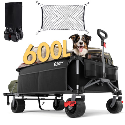 Portal 26" Extra Wide 55" Long Foldable Wagon with Tailgate, Large 600L Collapsible Wagon with Cargo Net, 500 LBs Heavy Duty Utility Cart with Big All-Terrain Wheels for Beach, Camping, Sports, Dogs