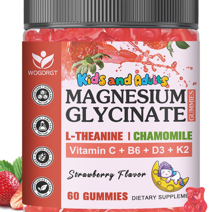Magnesium Glycinate Gummies for Kids & Adults - Relaxation & Cognition Support - 400/200mg Magnesium Supplement with L-Theanine, Chamomile, B6, D3 & K2 - Vegan, Sugar Free, Strawberry Flavor, 60 Ct