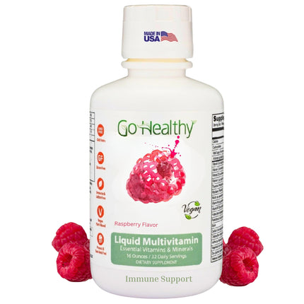 Go Healthy Liquid Vitamins for Women, Men, Teens | Vegan Vitamin & Mineral | High Absorption | Premium Liquid Multivitamin | Immune Support | Raspberry - 32 Servings