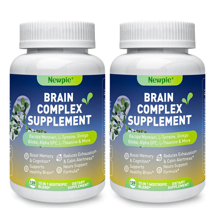 Newpie Brain Supplements for Memory & Focus,15 in 1 Brain Supplement Nootropic with Bacopa Monnieri,Alpha GPC, Ginkgo Biloba,Lion's Mane for Mental Clarity & Concentration 120 Caps (2)