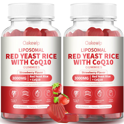 2 Pack Liposomal Red Yeast Rice with Coq 10 3000mg Gummies,Organic Red Yeast Rice Cholesterol Lowering Supplements, Enhanced with Coq 10 for Heart Health Support,Liposomal Enhance 98% Absorption
