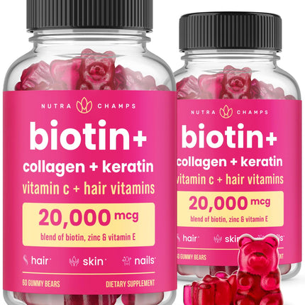 NutraChamps Biotin Gummies 5000mcg with Collagen, Keratin & More – Hair Skin and Nails Vitamins for Women & Men – Support Normal Hair Growth Cycle - Enhanced with Vitamin C, D3, Zinc (Pack of 2)