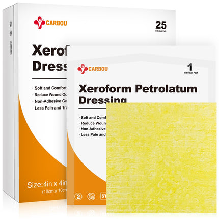 Carbou 4"x4" Medical Xeroform Petrolatum Dressing, 25 Pack, Non-Stick Gauze