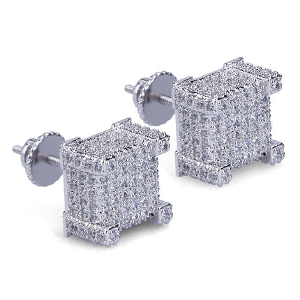 TOPGRILLZ 925 Sterling Silver Square Screw Stud Earrings 14K Gold Plated 5A+ Cubic Zirconia Iced Out Square Screw Back Hypoallergenic Cube Large Stud Earrings For Men Women(03Silver)