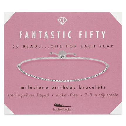 Lucky Feather 50th birthday gifts for her | 50th birthday gifts for women Bracelet | 14K Gold, Rose Gold, or Silver Dipped Beads on Adjustable Cord | Trendy 50 year old gifts for women | With Card