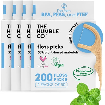 The Humble Co Dental Floss Picks for Teeth, 200 Count (Mint) - Single Thread Tooth Picks Flossers for Adults Gum Health - Plant-Based Toothpick Floss for Interdental Oral Care & Hygiene