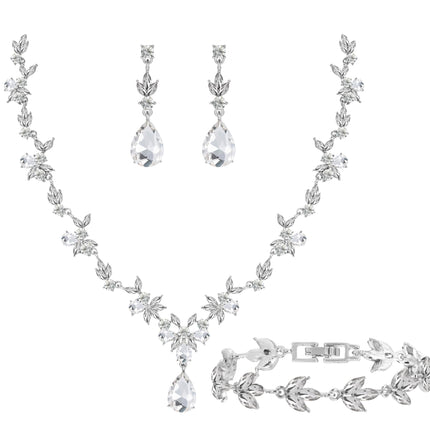 Paxuan Bridal Wedding Elegant Floral Jewelry Set for Women/Brides/Bridesmaids Crystal Jewelry Set for Wedding Prom Party Bridal Crystal Necklace Earrings Bracelet Set (White (Silver))