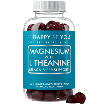 Be Happy Be You Magnesium Glycinate Gummies with L-Theanine – Relaxation & Sleep Support – Vegan, Gelatin-Free, Mixed Berry Flavor – Magnesium Supplement – 90 Ct