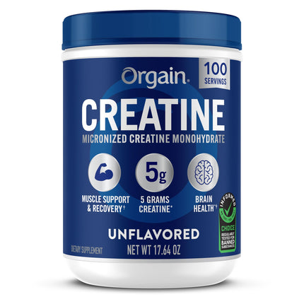 Orgain Creatine Monohydrate Micronized Powder, 100 Servings, Unflavored, Supports Muscle Growth, Post Workout Recovery and Brain Health, No Artificial Additives, for Men & Women, Vegan