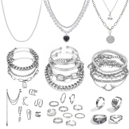 IFKM 36 PCS Silver Plated Jewelry Set with 3 PCS Necklace, 12 PCS Bracelet, 7 PCS Ear Cuffs Earring, 14 Pcs Knuckle Rings for Women Valentine Anniversary Birthday Friendship Gift