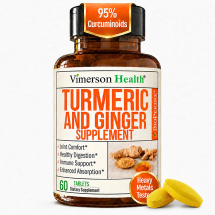 Turmeric and Ginger Supplement with Black Pepper for Joint Support, Digestive & Gut Health - Contains Organic Turmeric with Ginger Root Supplement and BioPerine for Enhanced Absorption - 60 Tablets