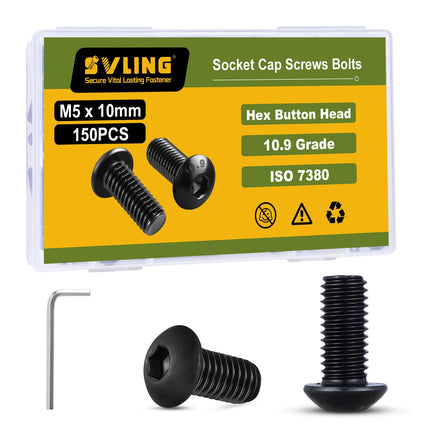 SVLING M5 x 10mm 150PCS Button Head Hex Socket Cap Screws Bolts, 10.9 Grade Alloy Steel, Allen Hex Drive, Full Thread, Black Oxide, with Hex Spanner