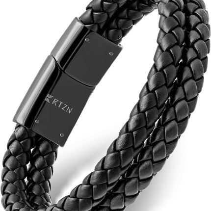 RTZN® Black Leather Bracelet for Men – Premium Artisan Handcrafted Double Strand Black Braided Leather Bracelet – Authentic Stacked Mens Leather Bracelets (Medium)