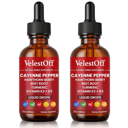 VelestOff Cayenne Pepper Drops - VelestOff Cayenne Circulation Blood Pressure Blend - Cayenne Pepper Hawthorn Beet Root Turmeric Vitamin K2 D3-2 OZ (2 PCS)