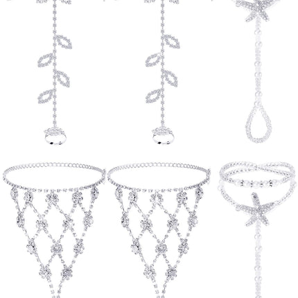 Hicarer 6 Pcs Foot Jewelry Barefoot Sandals for Women Rhinestone Bohemian Foot Ankle Chains for Beach Wedding(Rhinestone Star Leaf Mesh Style)