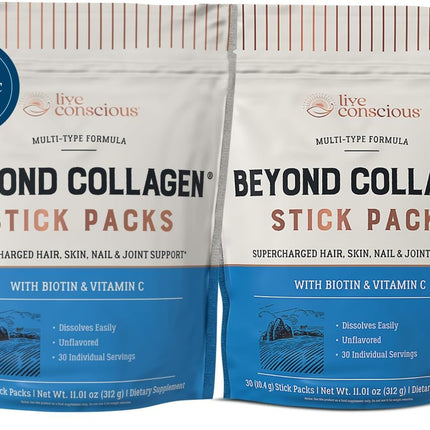 Live Conscious Beyond Collagen Peptides Powder Unflavored Packets-Hydrolyzed Collagen Powder-Hair Skin Nail & Joint Support- I II III V & X Grass-Fed Collagen Supplements for Women & Men 30 Pack (2pk)