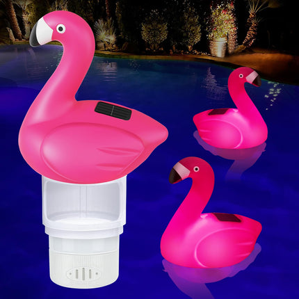 Uekars Solar Pool Chlorine Floater, Flamingo Chlorine Floater with Light, Glow in Dark Chlorine Tablet Floater, Chlorine Floater for 3 inch Tablets, Floating Chlorine Dispenser for Pool(Red, 11 in)
