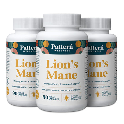 Pattern Wellness Lion’s Mane Mushroom – Supplement Capsules for Cognitive & Focus Support – Enhanced Absorption – 270 Vegan Capsules