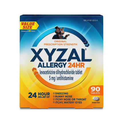 Xyzal 24 Hour Allergy Relief Medicine, Original Prescription Strength Antihistamine, Levocetirizine Dihydrochloride Tablets, 5 mg, 90 Count