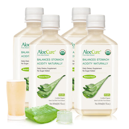 AloeCure USDA Organic Aloe Vera Juice Made Within 12 Hrs of Harvest - Pure Aloe Juice Natural Digestive Supplement to Support Digestion, Immune System and Balanced Stomach Acidity, 4 x 500ml Bottles