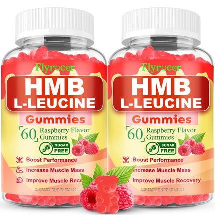 Flyrocer 2 Pack HMB and L-Leucine Gummies, HMB and Leucine for Muscle Growth, Muscle Relief, for Men & Women, Vegan, Sugar-Free, Raspberry Flavor, 120 Count