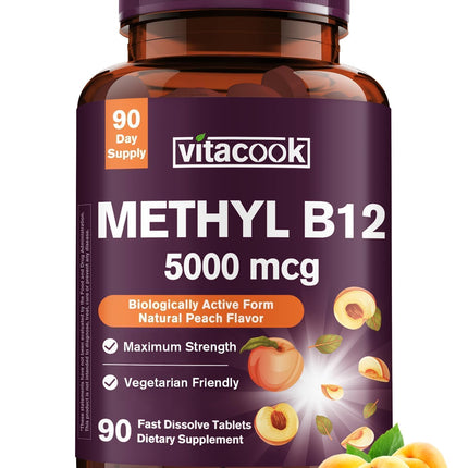 Vitacook Vitamin B12 Sublingual, Methylcobalamin 5000mcg for Energy Production, Energy, Nerve & Cell Support, Natural Peach Flavor, Vegan, Zero Sugar, 90 Fast Dissolve Tablets