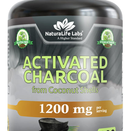 NaturaLife Labs Activated Charcoal 1200 mg per Serving – from Coconut Shells – 100 Veg Capsules – Non-GMO, Gluten-Free, Vegan