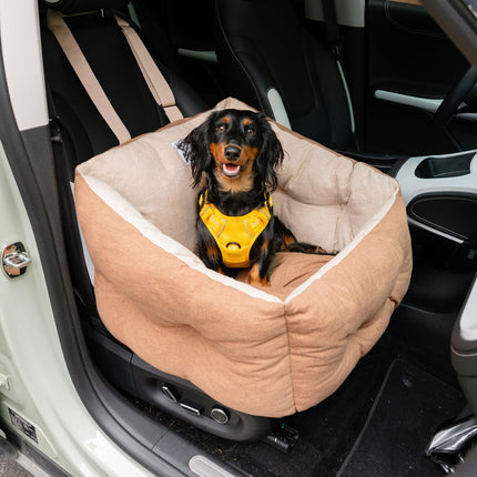 FUNNY FUZZY Dog Car Booster Seat for Small/Medium Dogs Up to 39lbs – Waterproof Fabric, Non-Slip Base, Safety Leash, Fully Detachable & Machine Washable Cover (Brown)