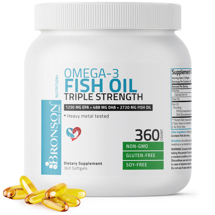 Bronson Omega 3 Fish Oil Triple Strength 2720 mg, High EPA 1250 mg DHA 488 mg, Non-GMO Heavy Metal Tested, 360 Softgels
