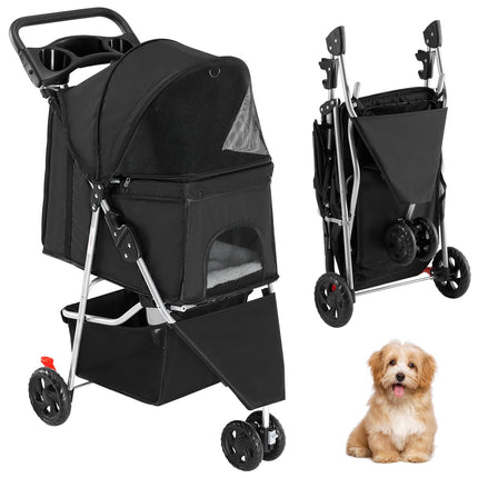 KMFurnila 3 Wheel Pet Stroller for Dogs, Cats Stroller with Storage Basket and Cup Holders, Foldable, Lightweight and Durable, Ideal for Small to Medium Pets, Home Cleaning, Black