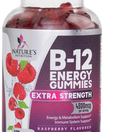 B12 Energy Gummies - 4500 mcg Vitamin B12 Per Serving - Extra Strength Chewable B12 Supplement for Energy, Metabolism & Immune Support - For Women, Men & Kids - Natural & Berry Flavored - 120 Gummies