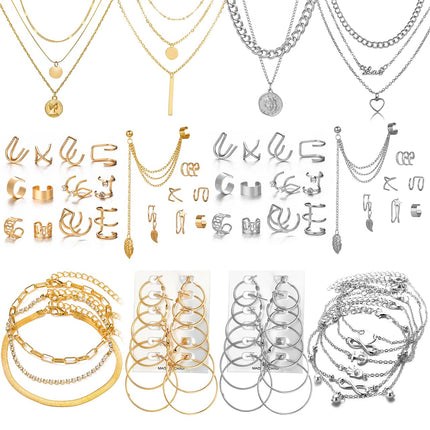 CONGYING 60 PCS Gold Jewelry Set with Multi-Layered Bracelet Necklace, Dangle Earrings, Stackable Ring For Women Valentine Anniversary Jewelry Pack Gifts For Her